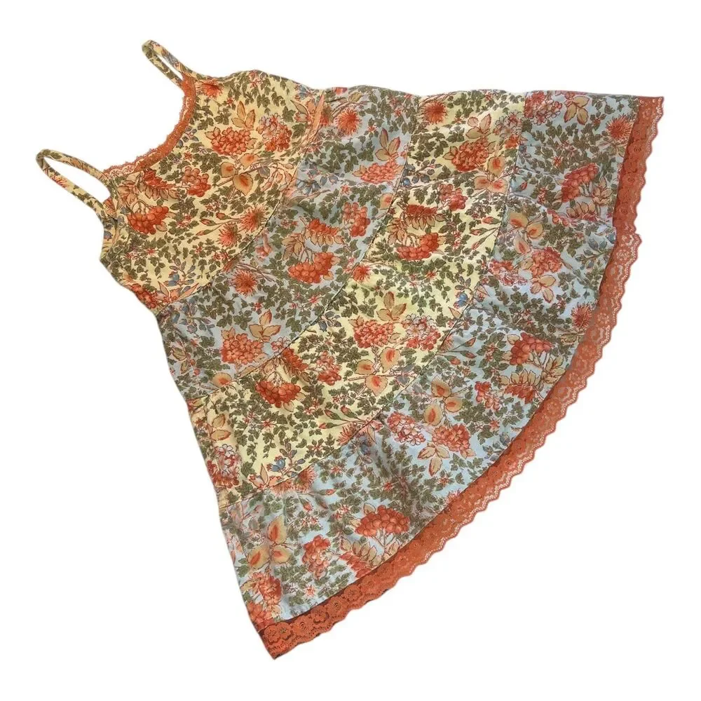 April Cornell Girls Sz 2 Orange Patchwork Strappy Sundress Lace Trim 100% Cotton